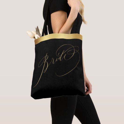 Elegant Zwart Goud Script Bruid Bruiloft Canvas ta Draagtas (Dichtbij)