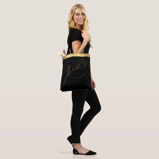 Elegant Zwart Goud Script Bruid Bruiloft Canvas ta Draagtas (Op model)
