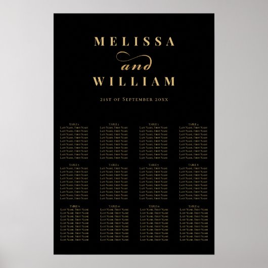 Elegant Zwart Goud Script Bruiloft Zitting Grafiek Poster (Voorkant)