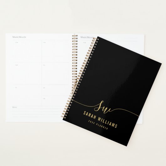 Elegant Zwart Goud Script Initiaal Monogram Planner (Display)