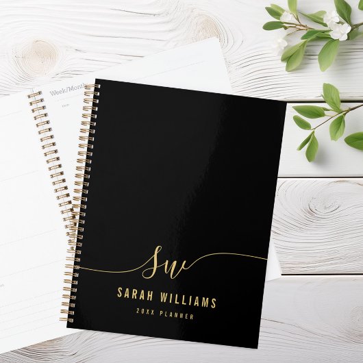 Elegant Zwart Goud Script Initiaal Monogram Planner