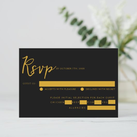 Elegant Zwart & Goud Script Maaltijd Keuze Bruilof RSVP Kaartje (Staand voorkant)