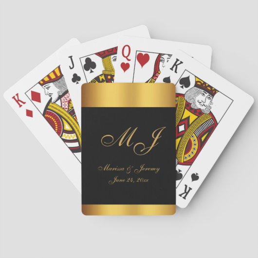Elegant Zwart Goud Script Monogram Bruiloft Pokerkaarten (Achterkant)