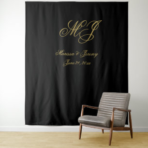 Elegant Zwart Goud Script Monogram Bruiloft Wandkleed
