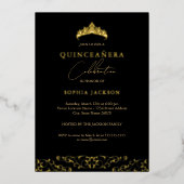 Elegant Zwart Goud Tiara Script Quinceanera Folie Uitnodiging (Voorkant)