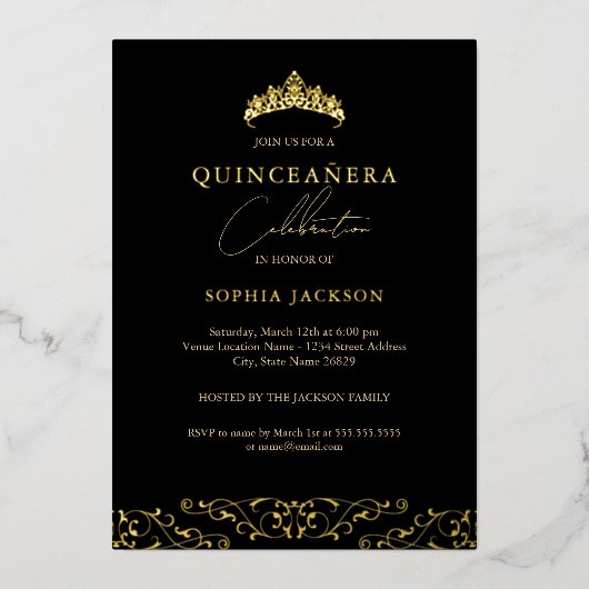 Elegant Zwart Goud Tiara Script Quinceanera Folie Uitnodiging (Voorkant)