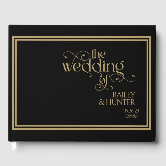 Elegant Zwart Goud  Typografie Bruiloft Gastenboek (Voorkant)