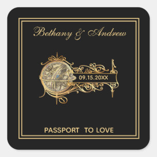 Elegant Zwart Goud Vintage Reizen Bruiloft Vierkante Sticker