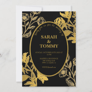 Elegant Zwart & Goud Wildflower Moderne bruiloft Kaart