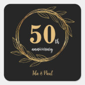 Elegant Zwart Goudblad 50e Bruiloft Jubileum Vierkante Sticker (Voorkant)