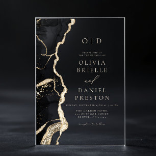 Elegant zwart gouden agaat bruiloft monogram acryl uitnodigingen