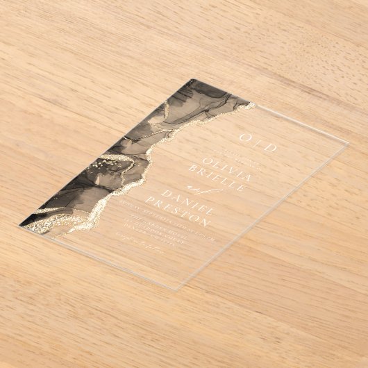 Elegant zwart gouden agaat bruiloft monogram acryl uitnodigingen (Laagn)