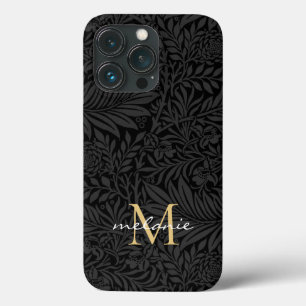 Elegant zwart gouden bloemenscript monogram iPhone 13 pro hoesje