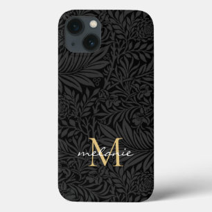 Elegant zwart gouden bloemenscript monogram iPhone 13 hoesje