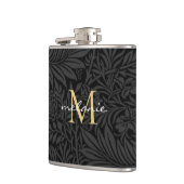 Elegant zwart gouden bloemenscript monogram heupfles (Links)