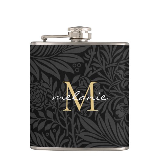 Elegant zwart gouden bloemenscript monogram heupfles (Voorkant)