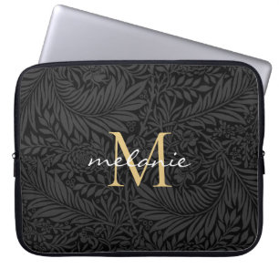 Elegant zwart gouden bloemenscript monogram laptop sleeve