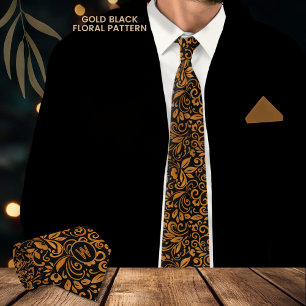 Elegant Zwart Gouden Bloempatroon Monogram Stropdas