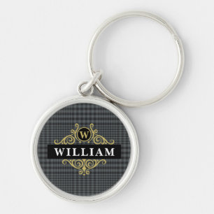 Elegant zwart gouden monogram Glen Plaid Sleutelhanger
