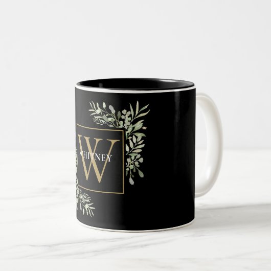 Elegant Zwart Gouden Monogram Groene Bloemen Tweekleurige Koffiemok (Voorkant rechts)