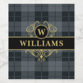 Elegant Zwart Gouden Schotse Ruit Monogram Wijn Etiket (Enkel label)
