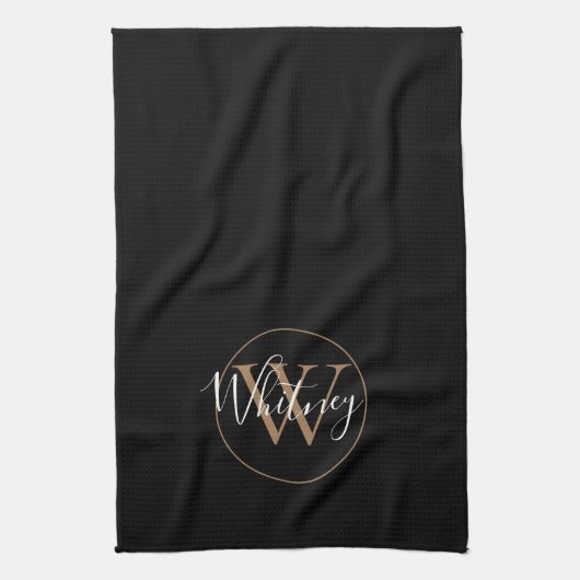 Elegant Zwart Gouden Schrift Monogram Theedoek (Verticaal)