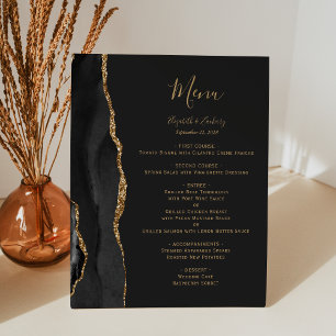Elegant zwart gouden trouwtafelmenu reclamebord met voetstuk