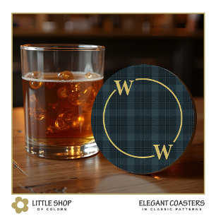 Elegant Zwart Gouden Vensterruit Ruitjes Monogram Ronde Kartonnen Onderzetter