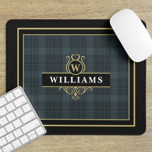 Elegant Zwart Gouden Windowpane Plaid Monogram Muismat