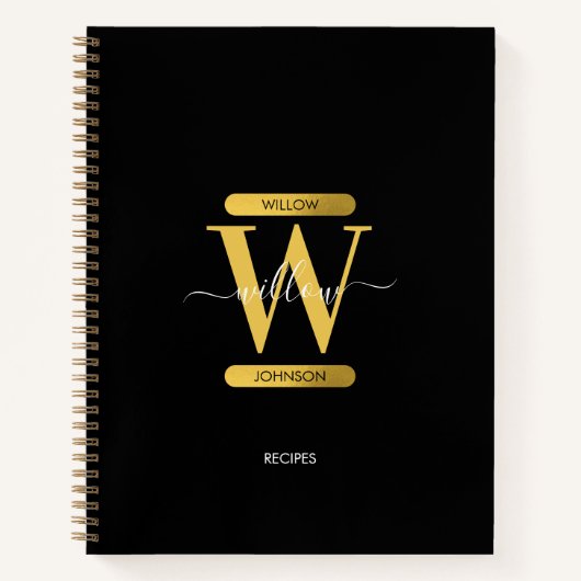 Elegant zwart & goudmonogram Modern Script Recipe Notitieboek (Voorkant)
