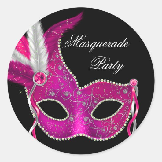 Elegant Zwart Heet Roze Masquerade Party Stickers (Voorkant)