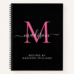 Elegant zwart Hot Pink Monogram Script Naam Recept Notitieboek