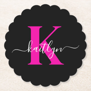 Elegant zwart Hot Pink Script Monogram Kartonnen Onderzetters
