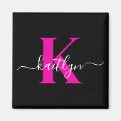 Elegant zwart Hot Pink Script Monogram Magneet (Voorkant)