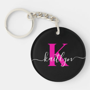 Elegant zwart Hot Pink Script Monogram Sleutelhanger