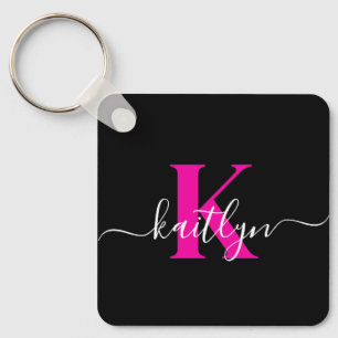 Elegant zwart Hot Pink Script Monogram Sleutelhanger