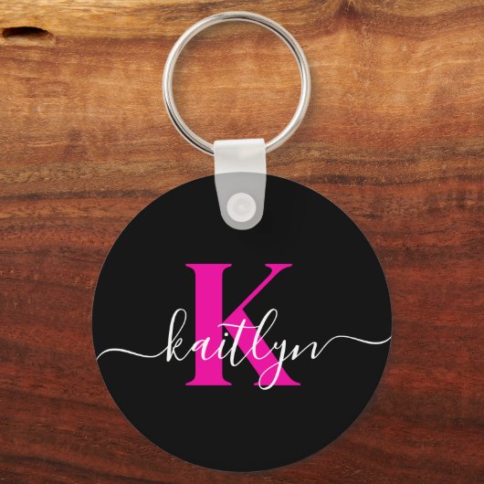 Elegant zwart Hot Pink Script Monogram Sleutelhanger (Achterkant)
