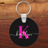 Elegant zwart Hot Pink Script Monogram Sleutelhanger (Voorkant)