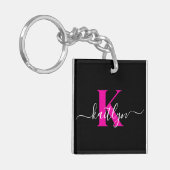 Elegant zwart hot pink script monogram sleutelhanger (Voorkant Links)
