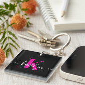Elegant zwart hot pink script monogram sleutelhanger (Voorkant Rechts)