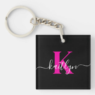 Elegant zwart hot pink script monogram sleutelhanger