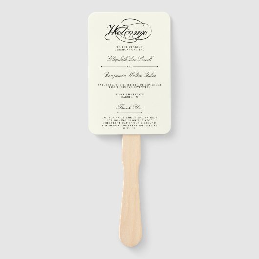 Elegant Zwart & Ivoor Script Huwelijksprogramma Handwaaier (Voorkant)