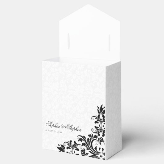 Elegant Zwart Kant Wit Damasks Bedankdoosjes (Geopend)