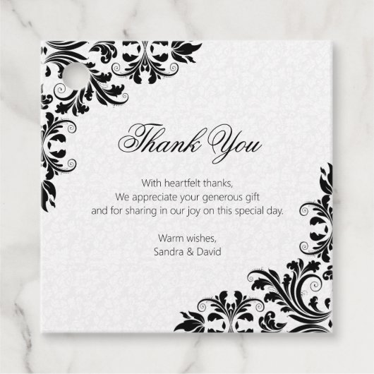 Elegant Zwart Kant Wit Damasks Bedankjes Labels (Voorkant)