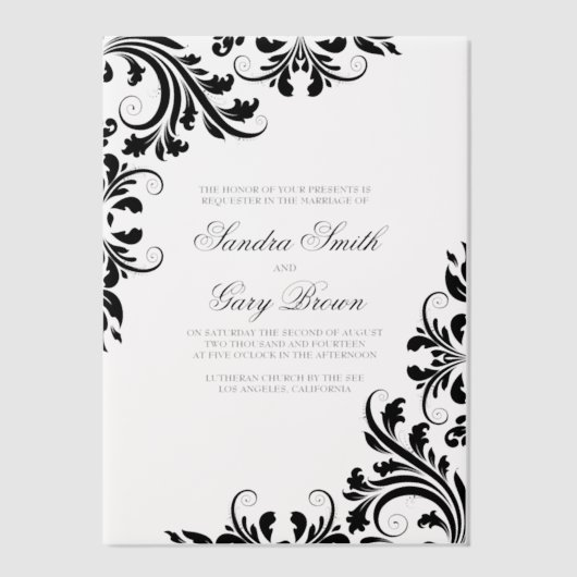 Elegant Zwart Kant Wit Damasks Bruiloft Vellum Uitnodigingen (Voorkant)