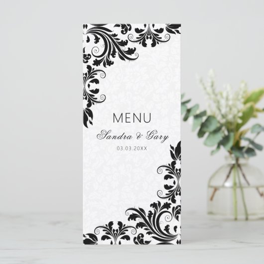 Elegant Zwart Kant Wit Damasks Menu (Staand voorkant)