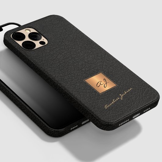 Elegant zwart leder goud monogrammen scriptnaam Case-Mate iPhone case
