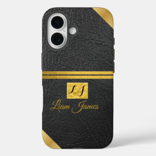 Elegant zwart leer gouden monogram aangepaste naam iPhone 16 hoesje