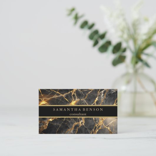 Elegant zwart marmer en metallic goud ontwerp visitekaartje (Staand voorkant)