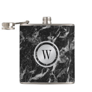 Elegant zwart marmerpatroon met aangepast monogram heupfles